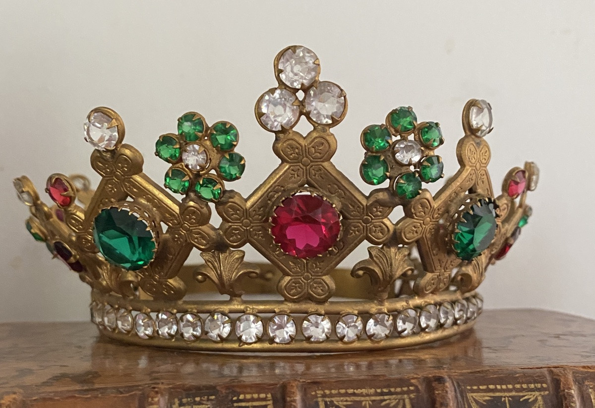 Madonna Crown Or Tiara, Mid-19th Century. Gilded Brass And Colored Rhinestones.-photo-2