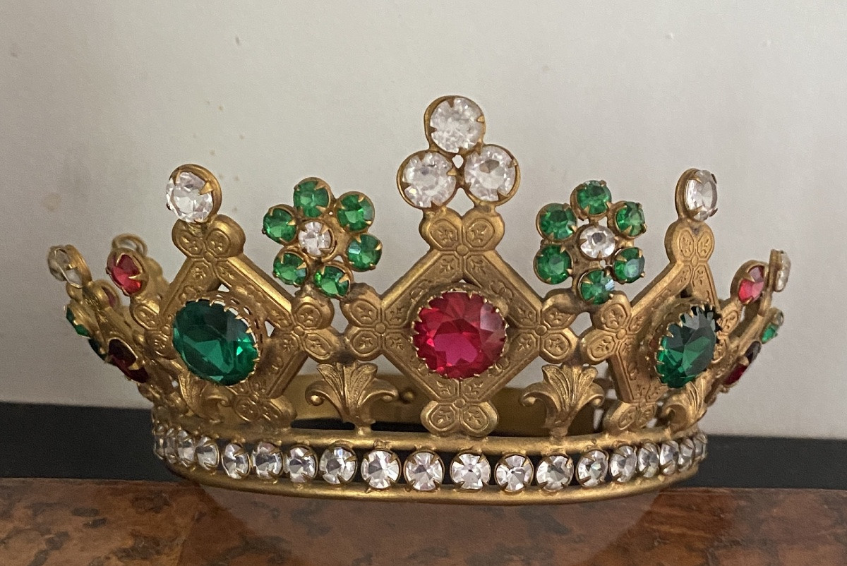 Madonna Crown Or Tiara, Mid-19th Century. Gilded Brass And Colored Rhinestones.-photo-3