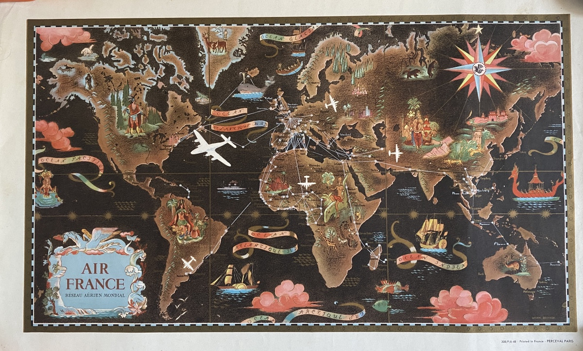 Air France Réseau aérien mondial. Affiche originale. 1948. Lucien Boucher. 