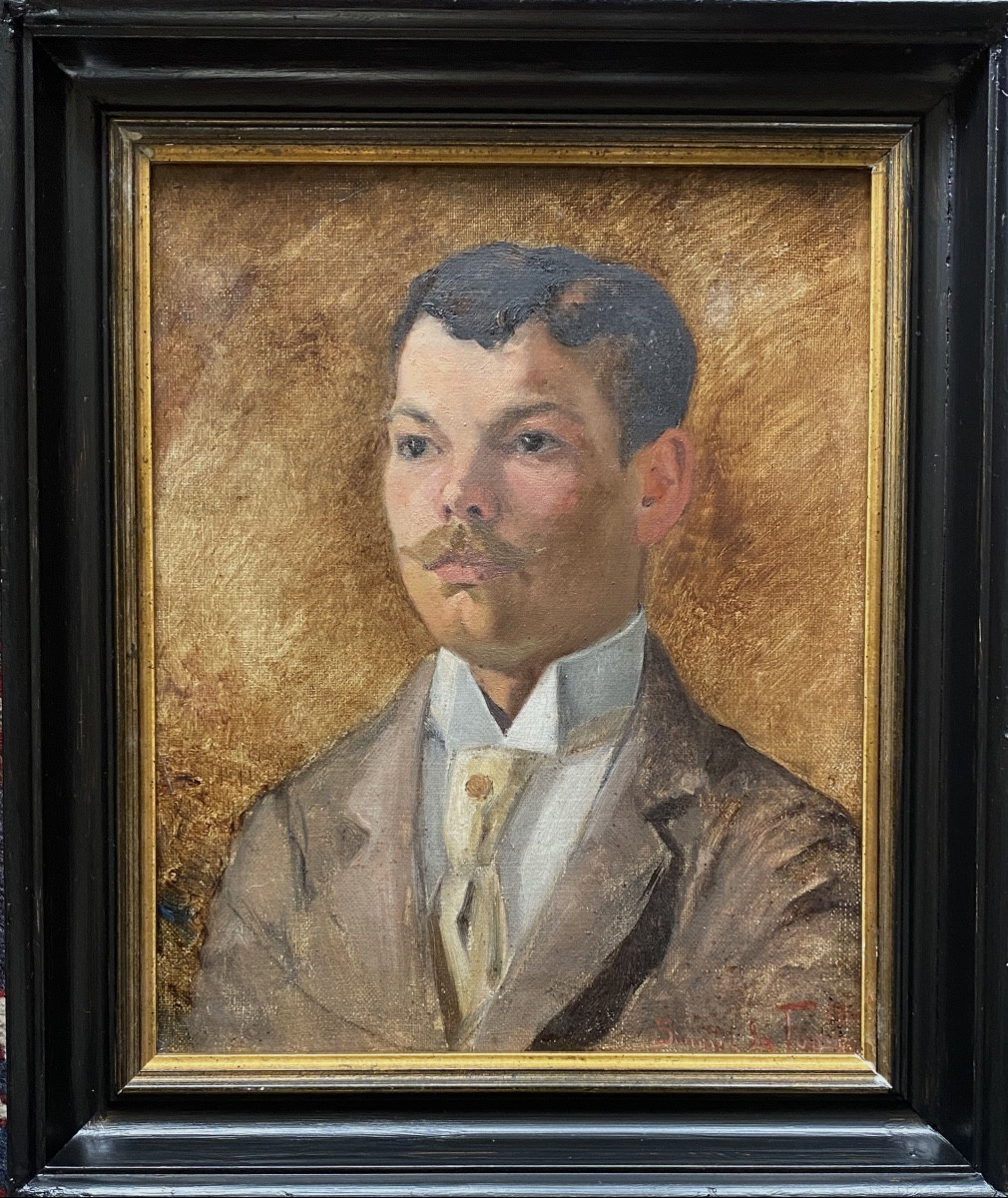 Gaston Simoes de Fonseca. Portrait d’un jeune homme. Huile sur toile encadrée début XXème. -photo-4