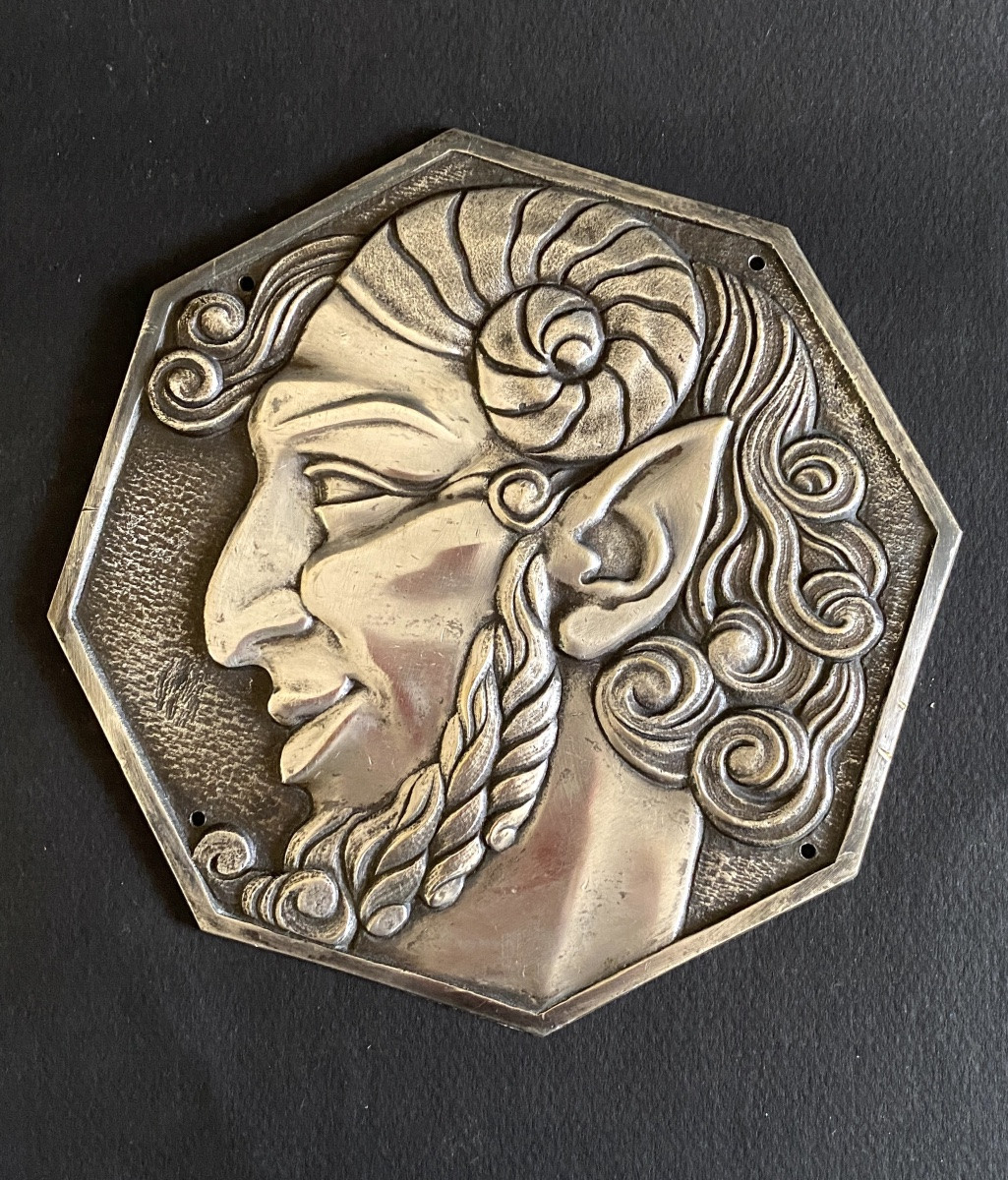 Pair Of Art Deco Silver-plated Bronze Medallions, Early 20th Century.  Faun And Nymph.-photo-2