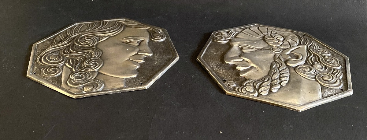 Pair Of Art Deco Silver-plated Bronze Medallions, Early 20th Century.  Faun And Nymph.-photo-4