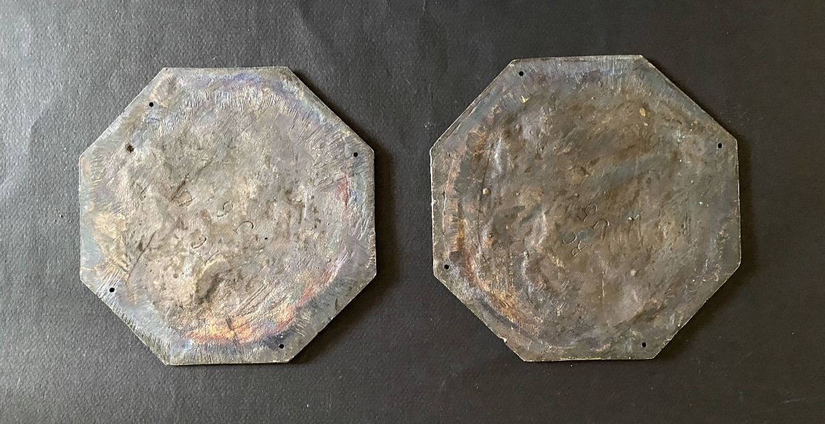 Pair Of Art Deco Silver-plated Bronze Medallions, Early 20th Century.  Faun And Nymph.-photo-1