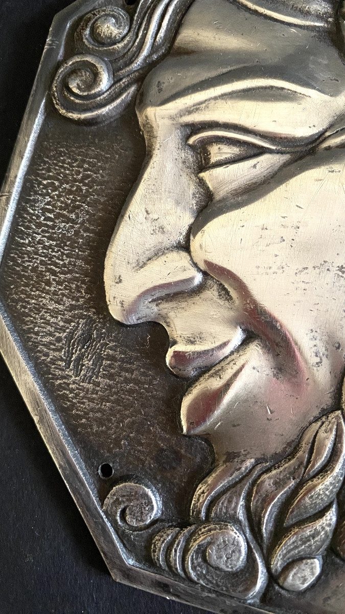 Pair Of Art Deco Silver-plated Bronze Medallions, Early 20th Century.  Faun And Nymph.-photo-4