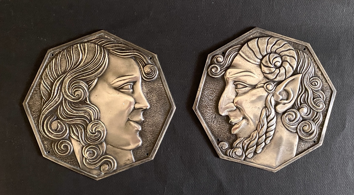 Pair Of Art Deco Silver-plated Bronze Medallions, Early 20th Century.  Faun And Nymph.