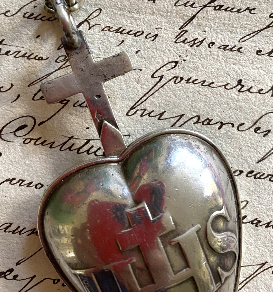 Religious Silver Ex Voto And Its Chain. Heart Of Jesus Surmounted By A Cross. Ihs.-photo-4