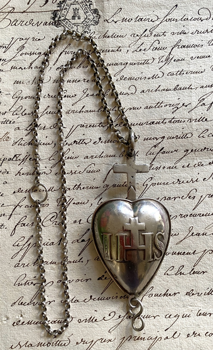 Religious Silver Ex Voto And Its Chain. Heart Of Jesus Surmounted By A Cross. Ihs.