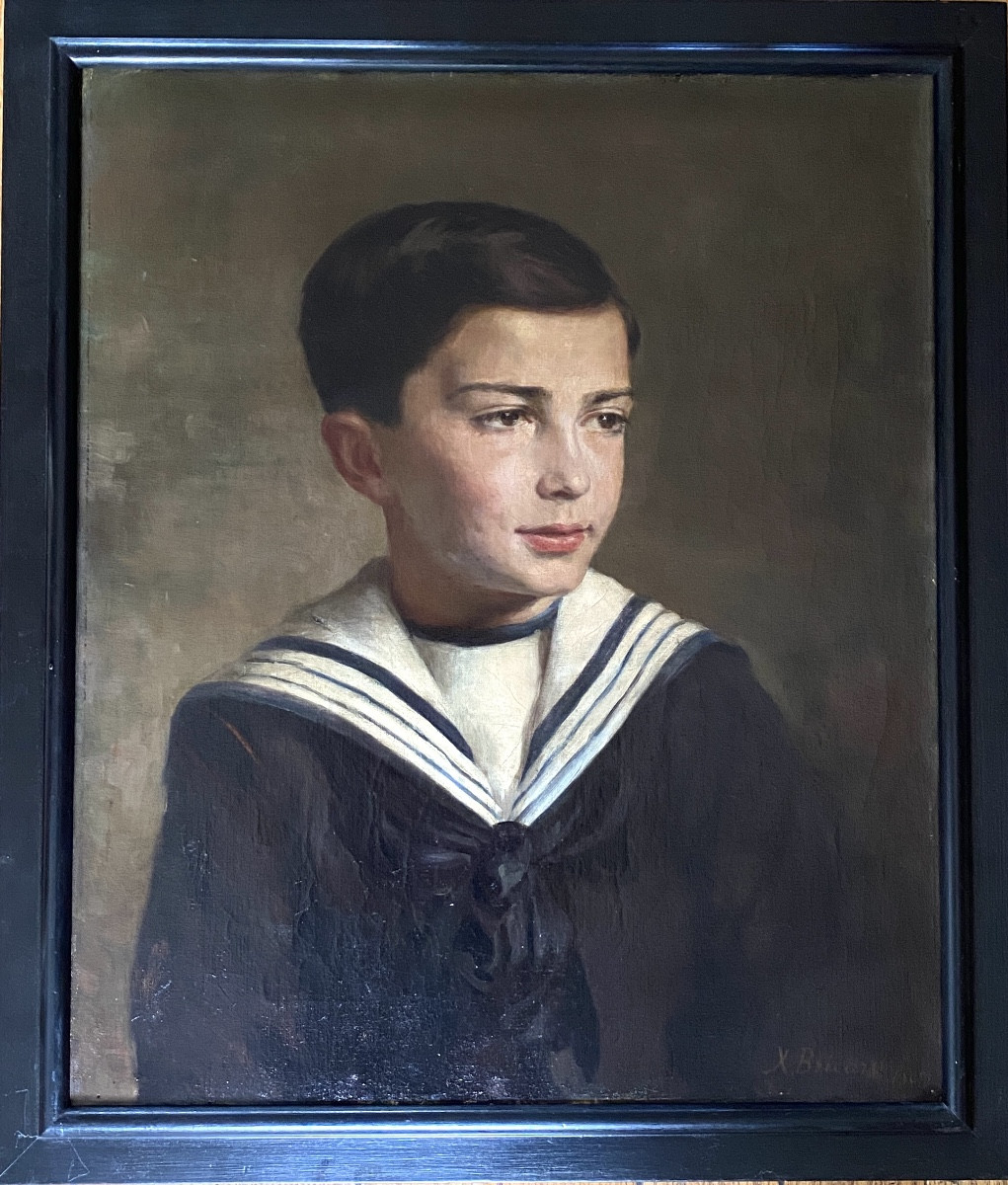 Xavier Bricard. Portrait Of A Young Boy In Sailor Suit. Framed Oil On Canvas. 1908.-photo-1