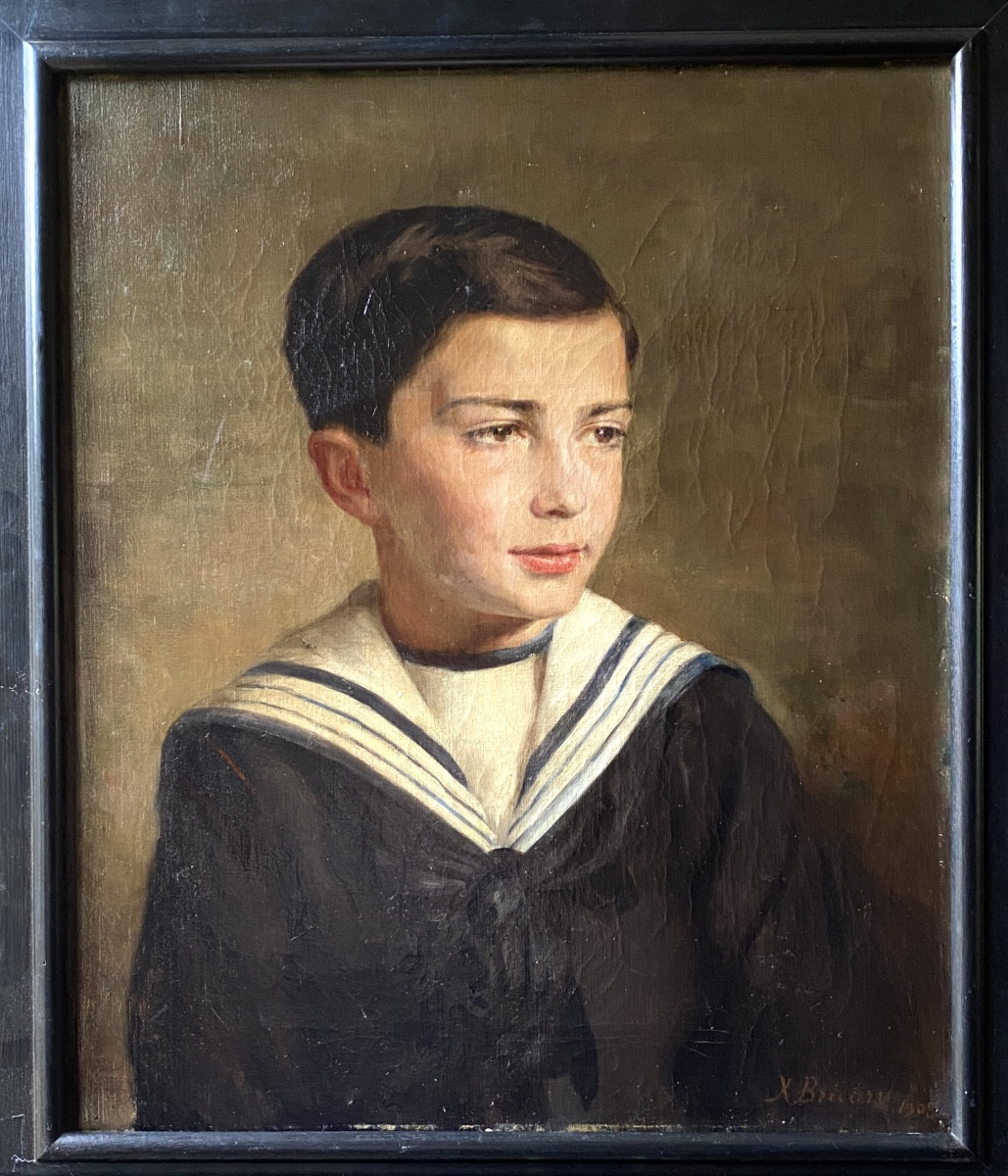 Xavier Bricard. Portrait Of A Young Boy In Sailor Suit. Framed Oil On Canvas. 1908.