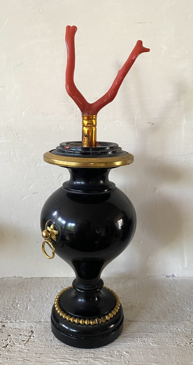 Red Coral Stem On Blackened Wood Base. Curiosity.-photo-1