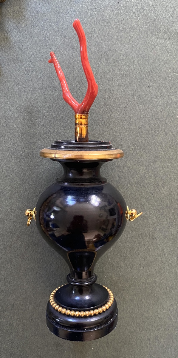 Red Coral Stem On Blackened Wood Base. Curiosity.