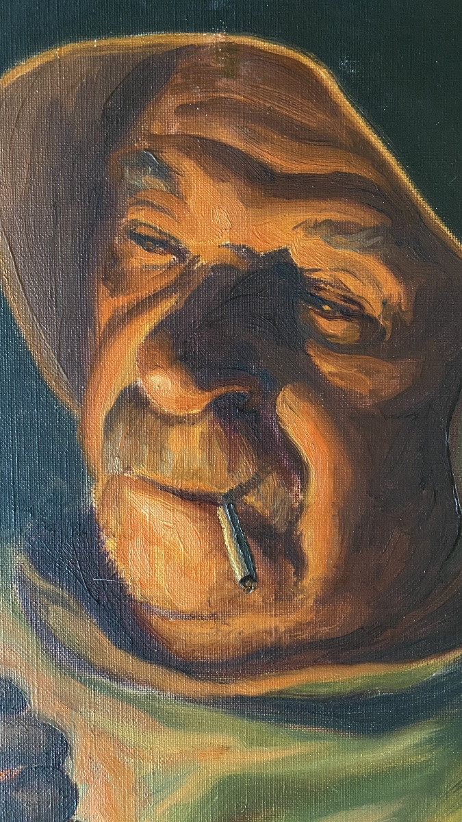Louis Montaigu. Portrait Of A Berck Sailor Lighting His Cigarette. Oil On Canvas, 20th Century.-photo-3
