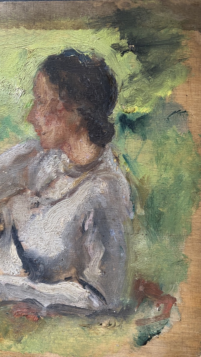 « Le repos ». Huile sur panneau début XXème. Ecole française. -photo-2