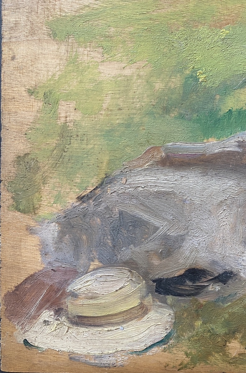 « Le repos ». Huile sur panneau début XXème. Ecole française. -photo-3
