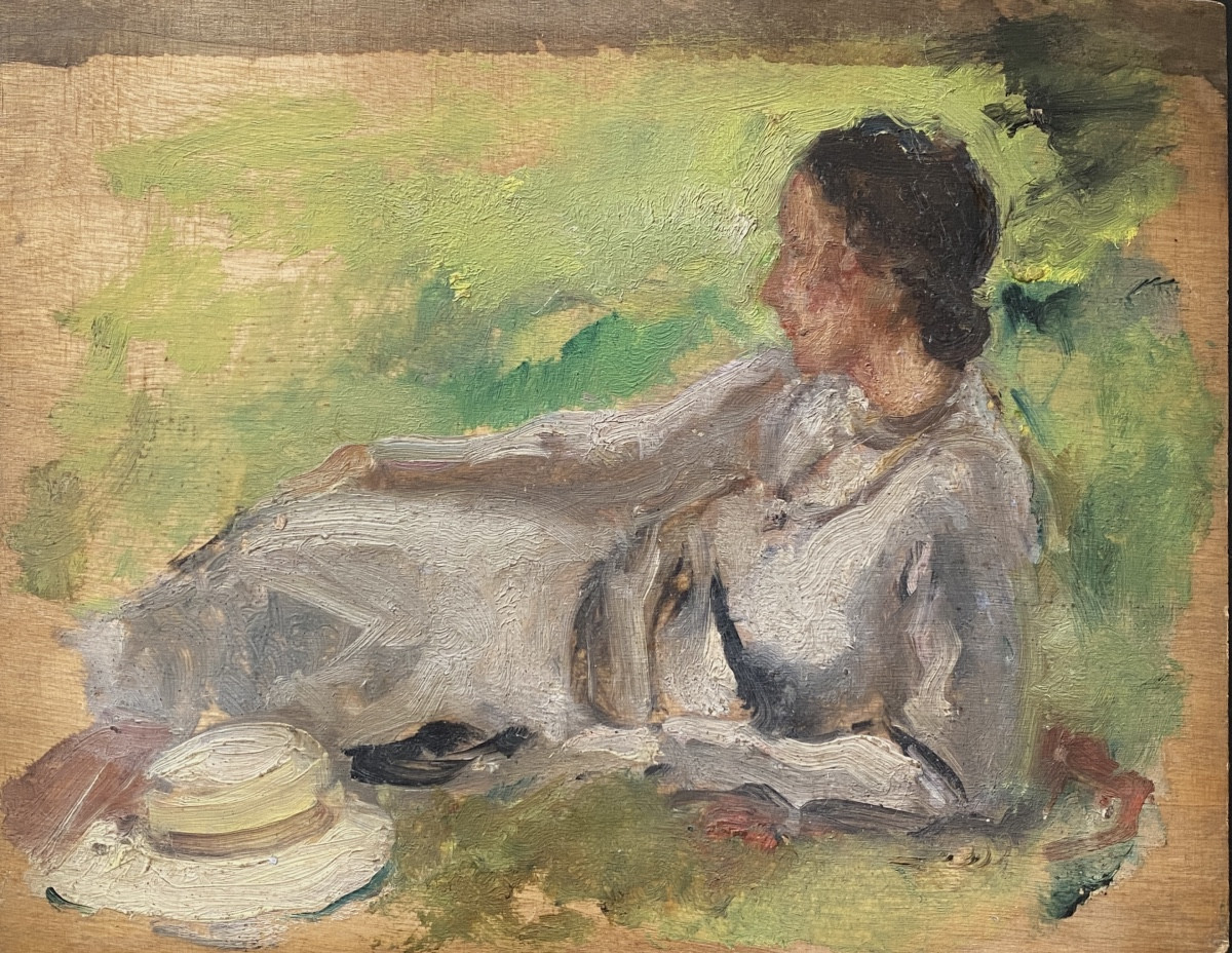 « Le repos ». Huile sur panneau début XXème. Ecole française. 