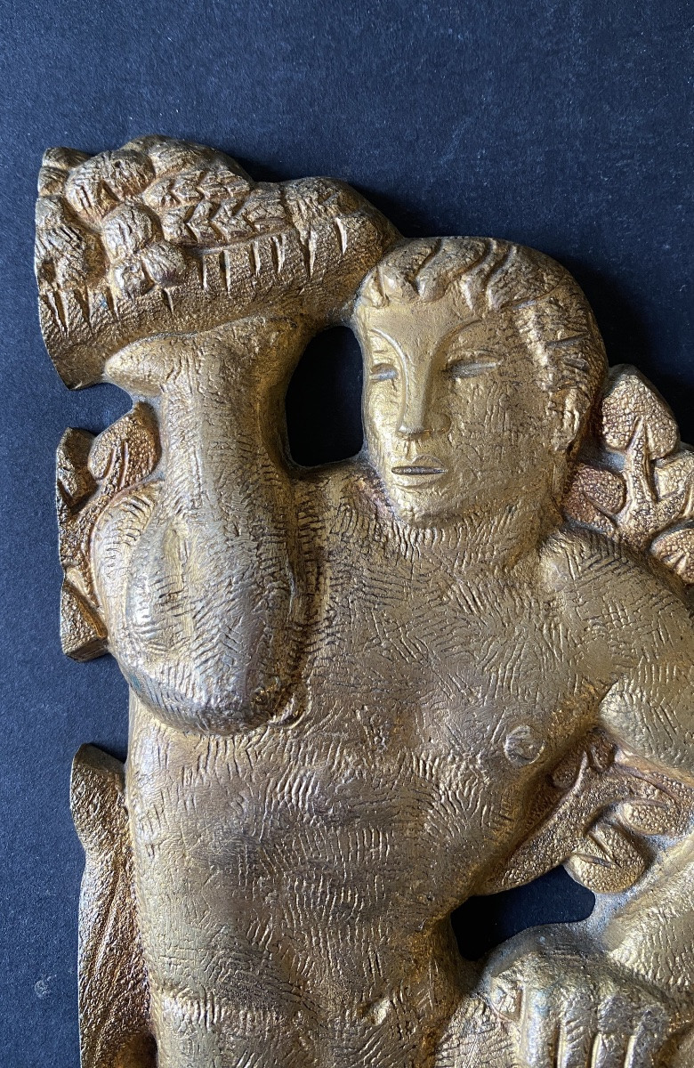 Art Deco Ornamental Bronzes. Couple Carrying A Fruit Basket. Adam And Eve In Paradise.-photo-3