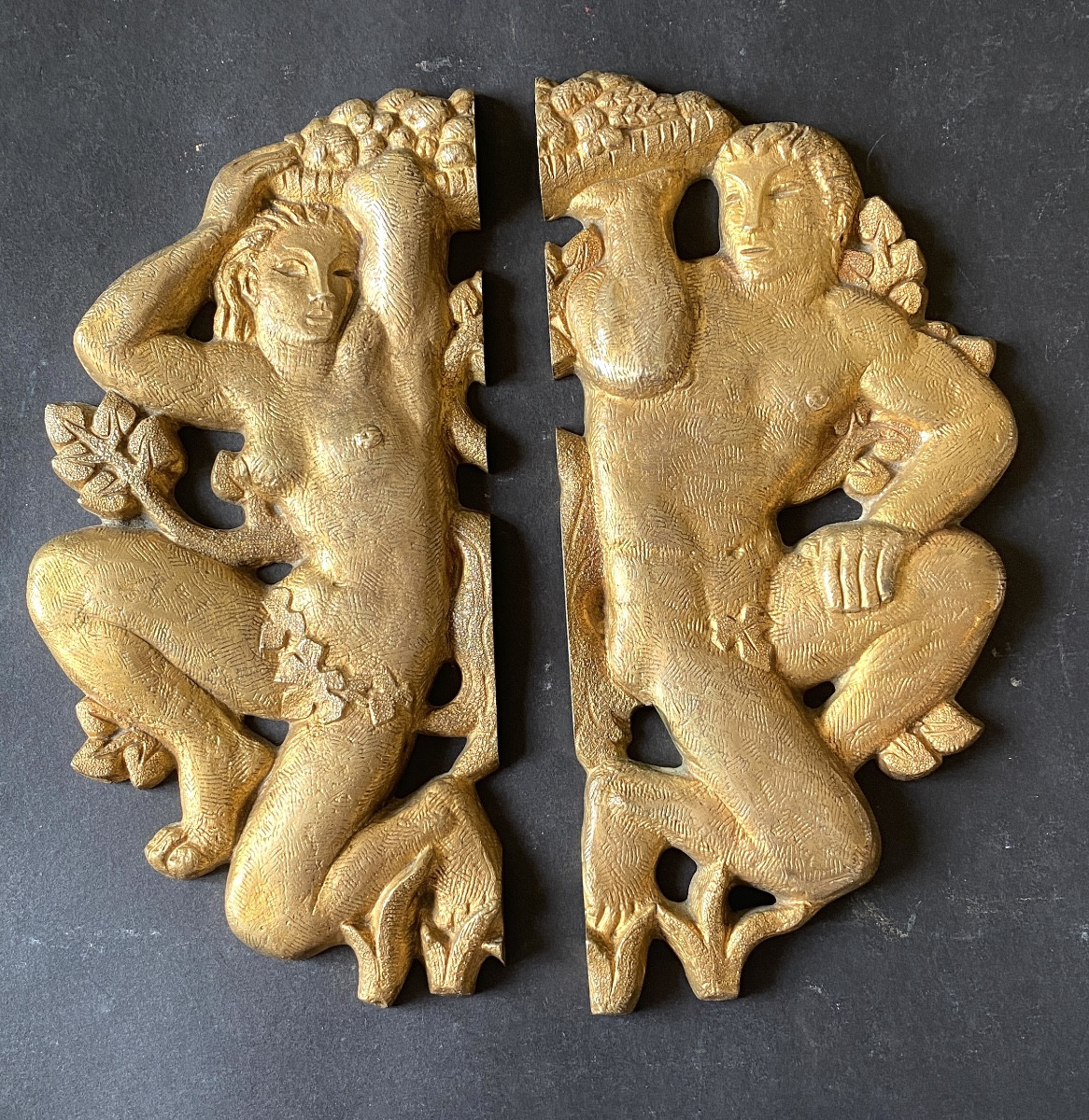 Art Deco Ornamental Bronzes. Couple Carrying A Fruit Basket. Adam And Eve In Paradise.