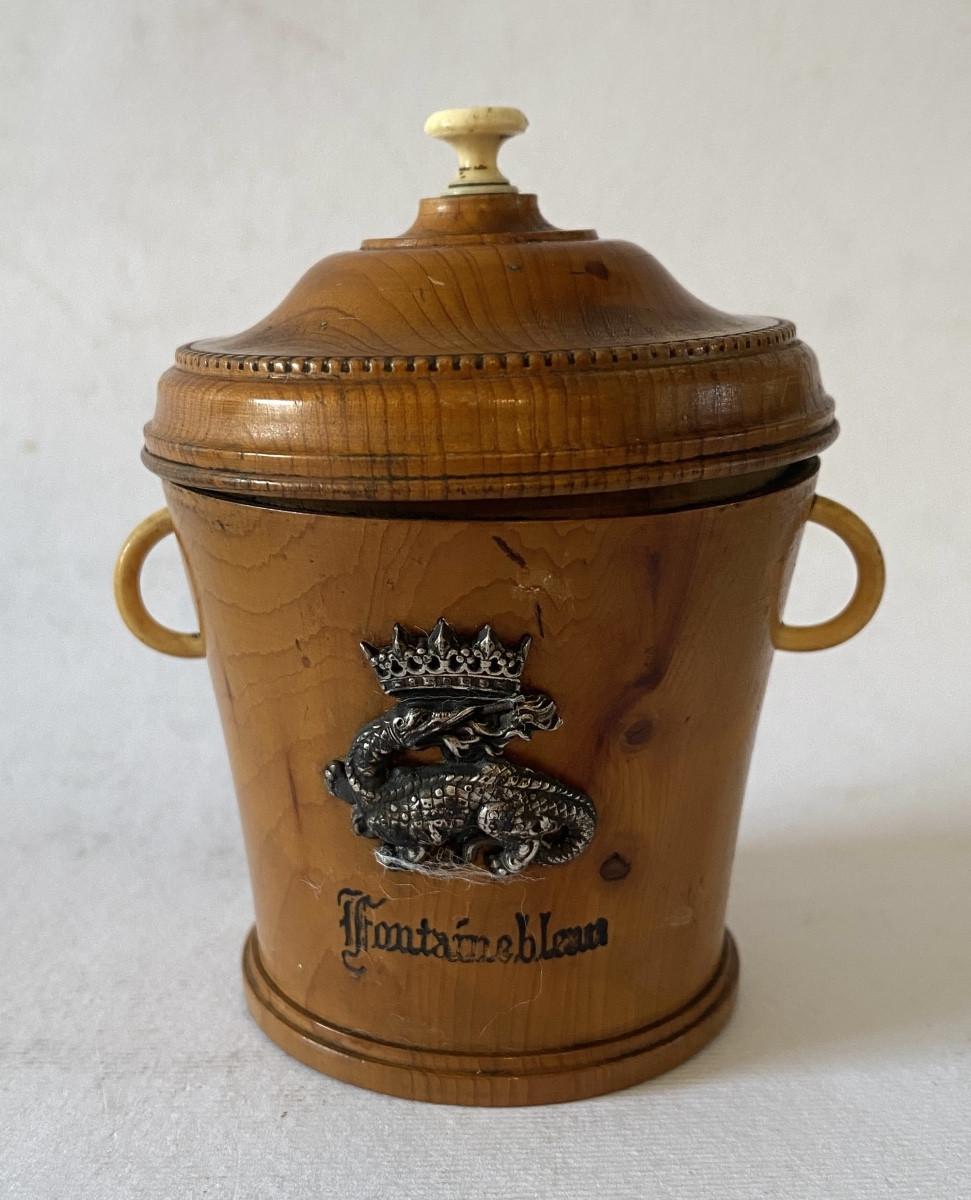 Turned Wood Inkwell. Souvenir De Fontainebleau. Crowned Salamander Decoration.