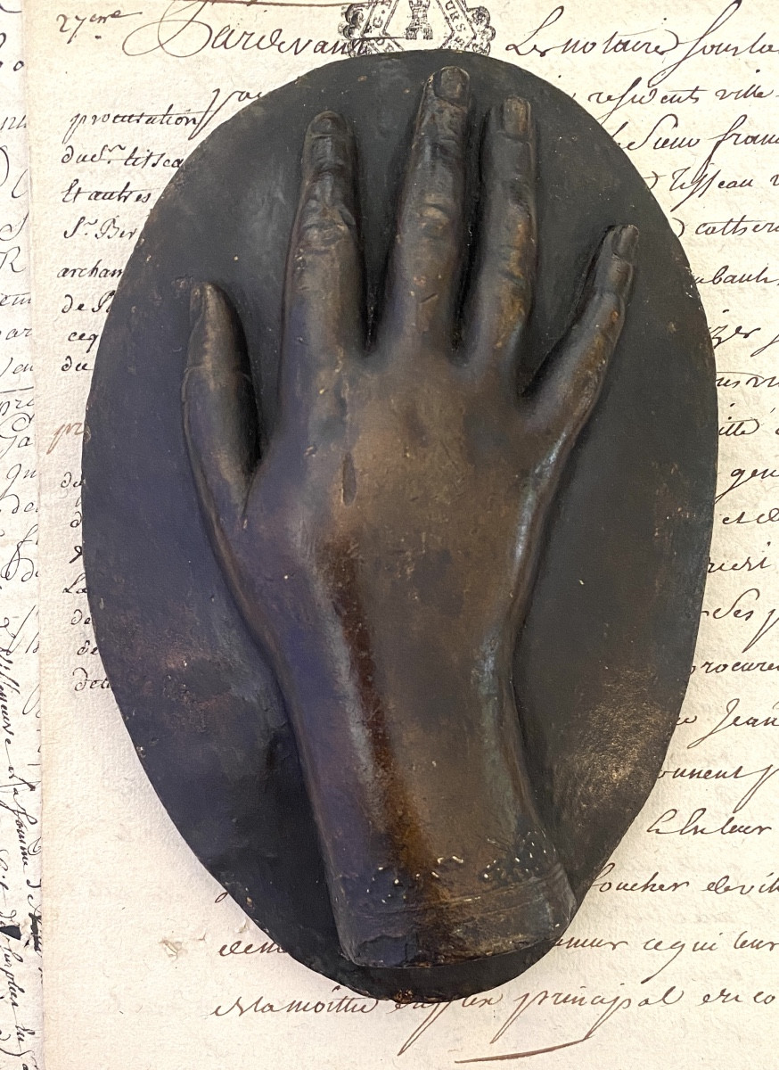 Paperweight, 19th Century. Workshop Plaster With Patina. Woman's Hand.