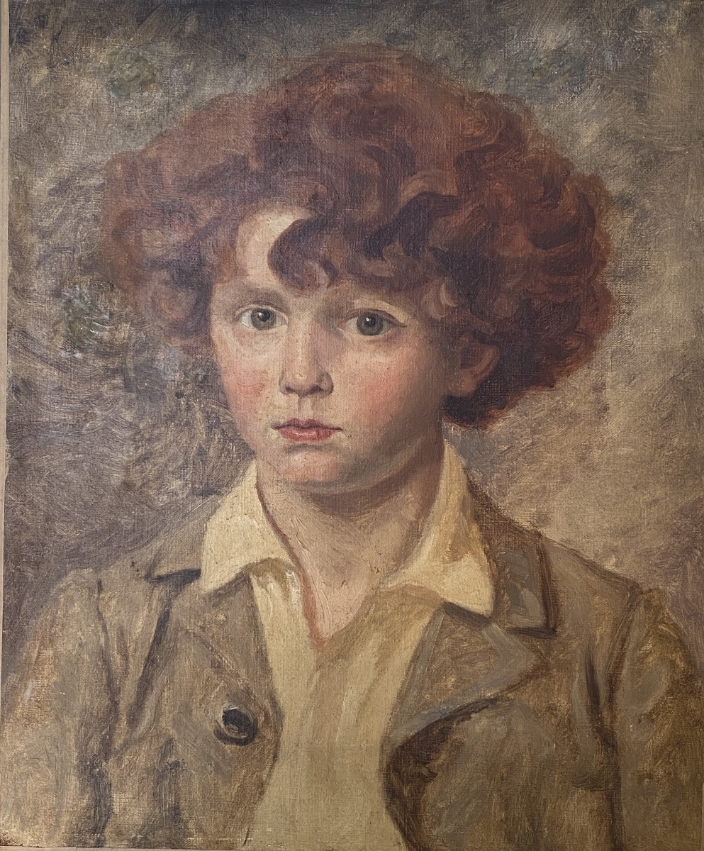 Portrait d’un jeune enfant aux cheveux roux. Huile sur toile début XXème. -photo-2