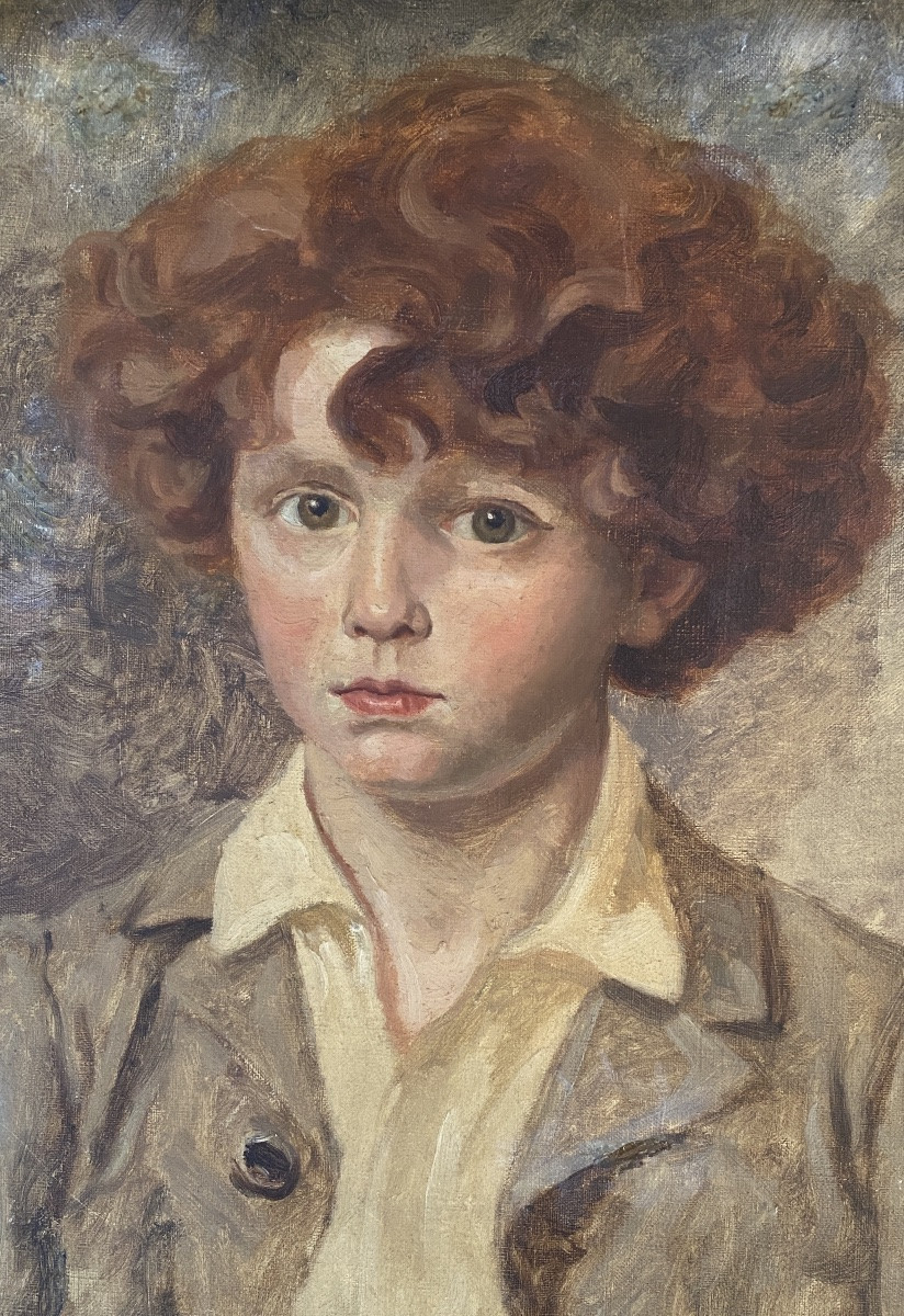 Portrait d’un jeune enfant aux cheveux roux. Huile sur toile début XXème. -photo-3