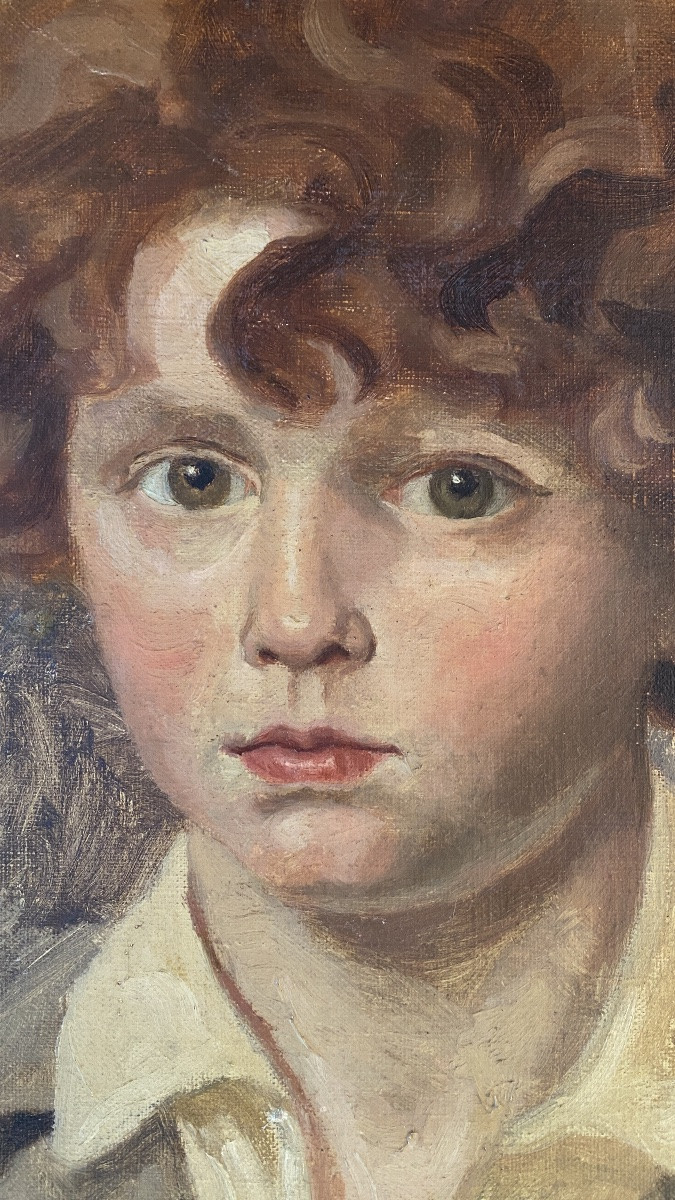 Portrait d’un jeune enfant aux cheveux roux. Huile sur toile début XXème. -photo-4