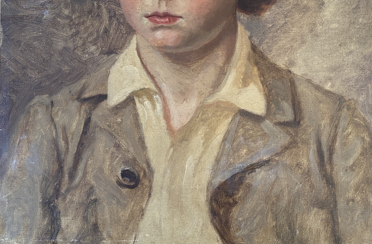 Portrait d’un jeune enfant aux cheveux roux. Huile sur toile début XXème. -photo-1