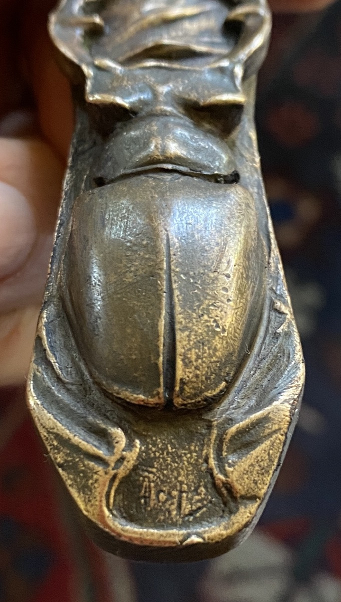 Coupe-papier en bronze Art Nouveau. Lucane. Coléoptère et gerbe de blé. -photo-4