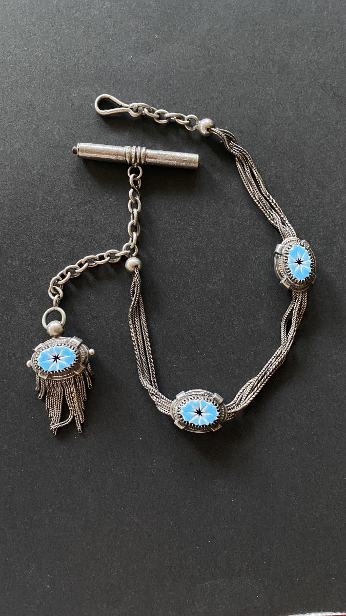 19th Century Silver Watch Chain With Glass Paste Decoration.-photo-2