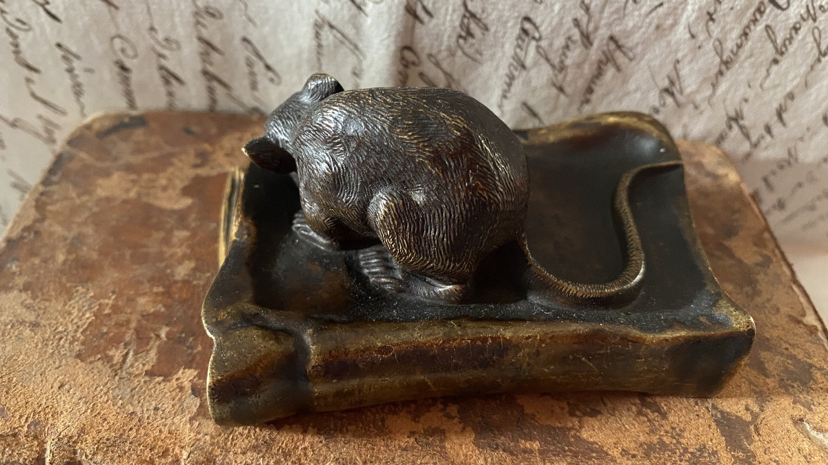 Souris grignotant un livre. Bronze animalier. Presse-papiers en bronze XIXème. -photo-3