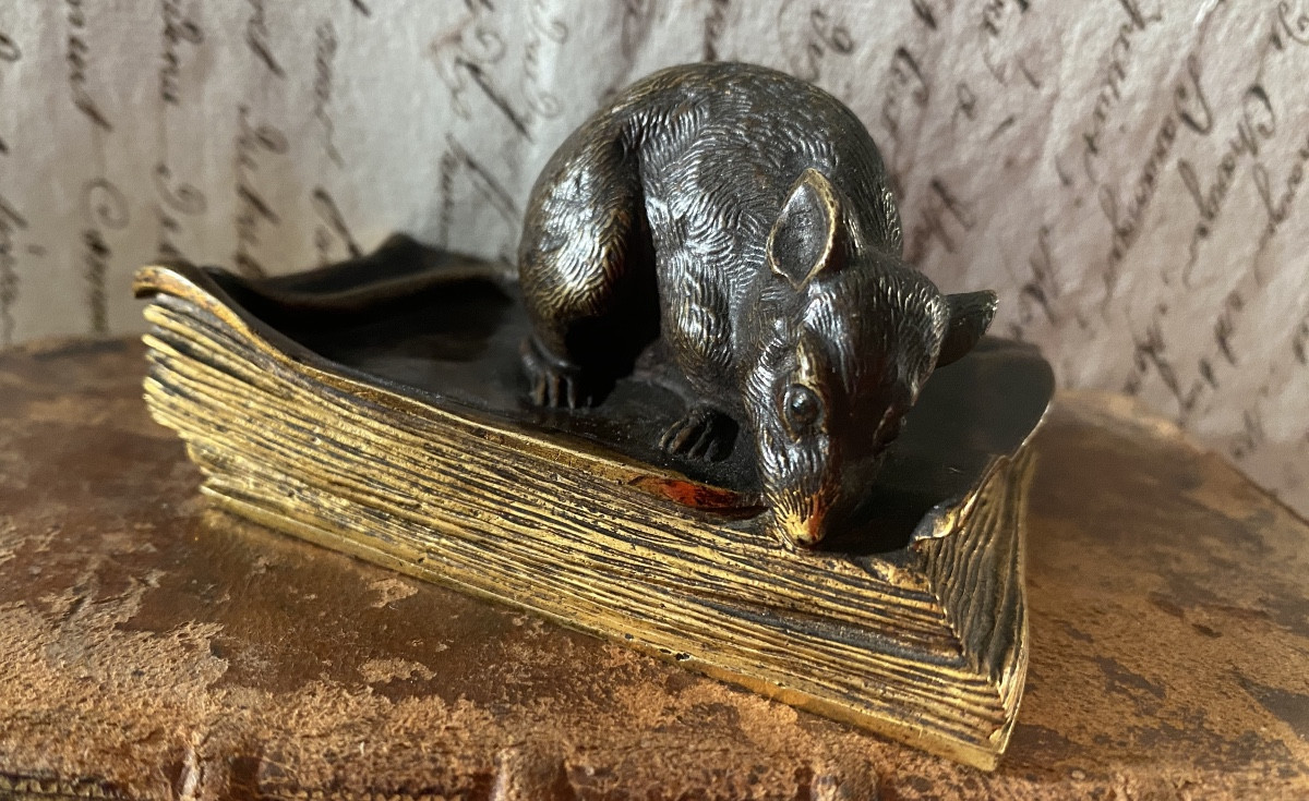 Souris grignotant un livre. Bronze animalier. Presse-papiers en bronze XIXème. -photo-2