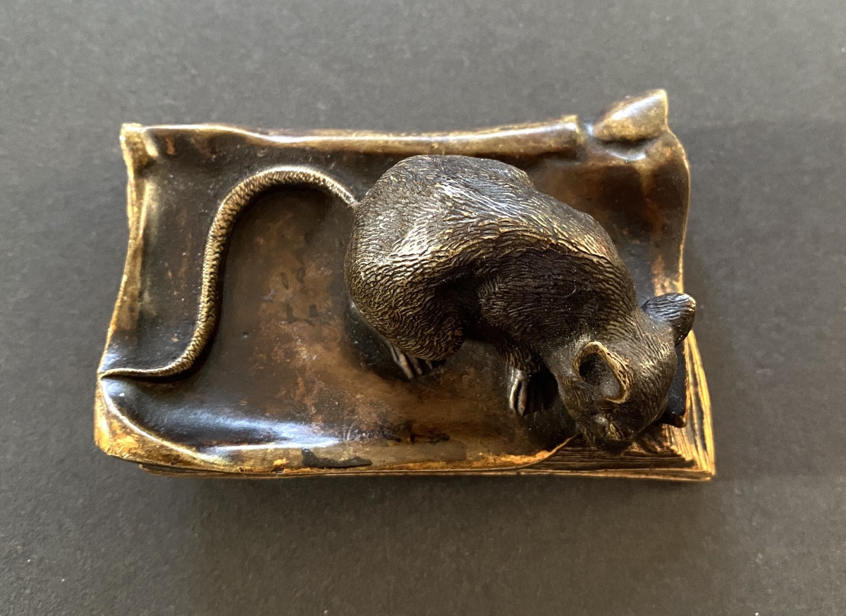 Souris grignotant un livre. Bronze animalier. Presse-papiers en bronze XIXème. -photo-5