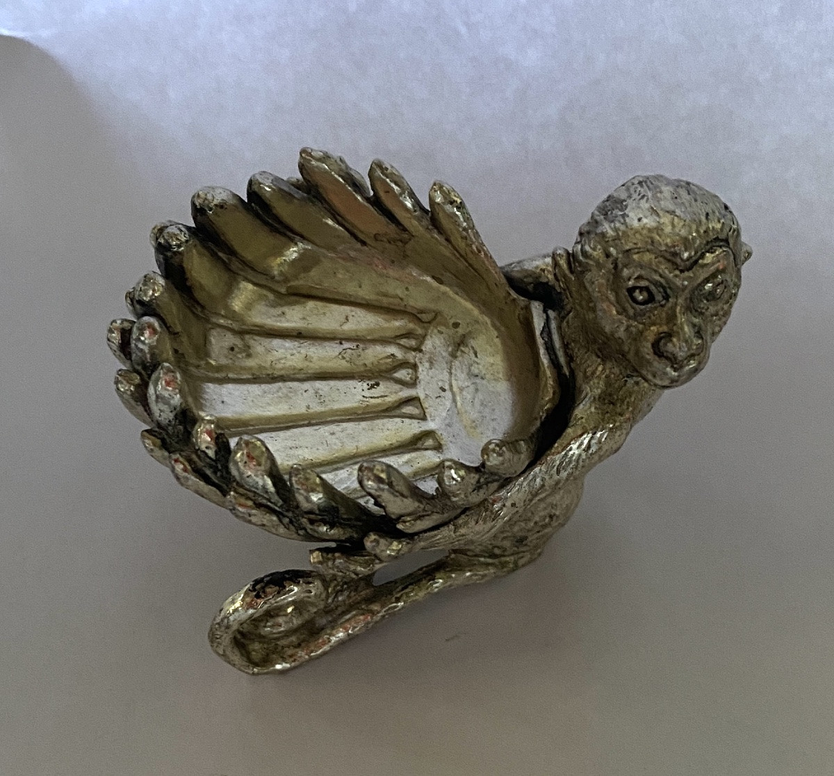 Salt Cellar In Silver Plated Metal. Seated Monkey Holding A Shell.-photo-3