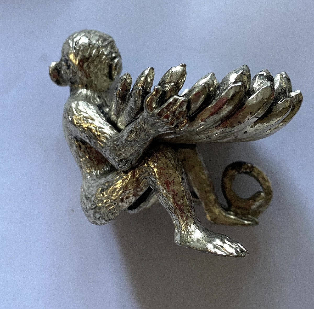 Salt Cellar In Silver Plated Metal. Seated Monkey Holding A Shell.-photo-4