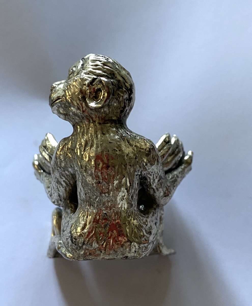 Salt Cellar In Silver Plated Metal. Seated Monkey Holding A Shell.-photo-1