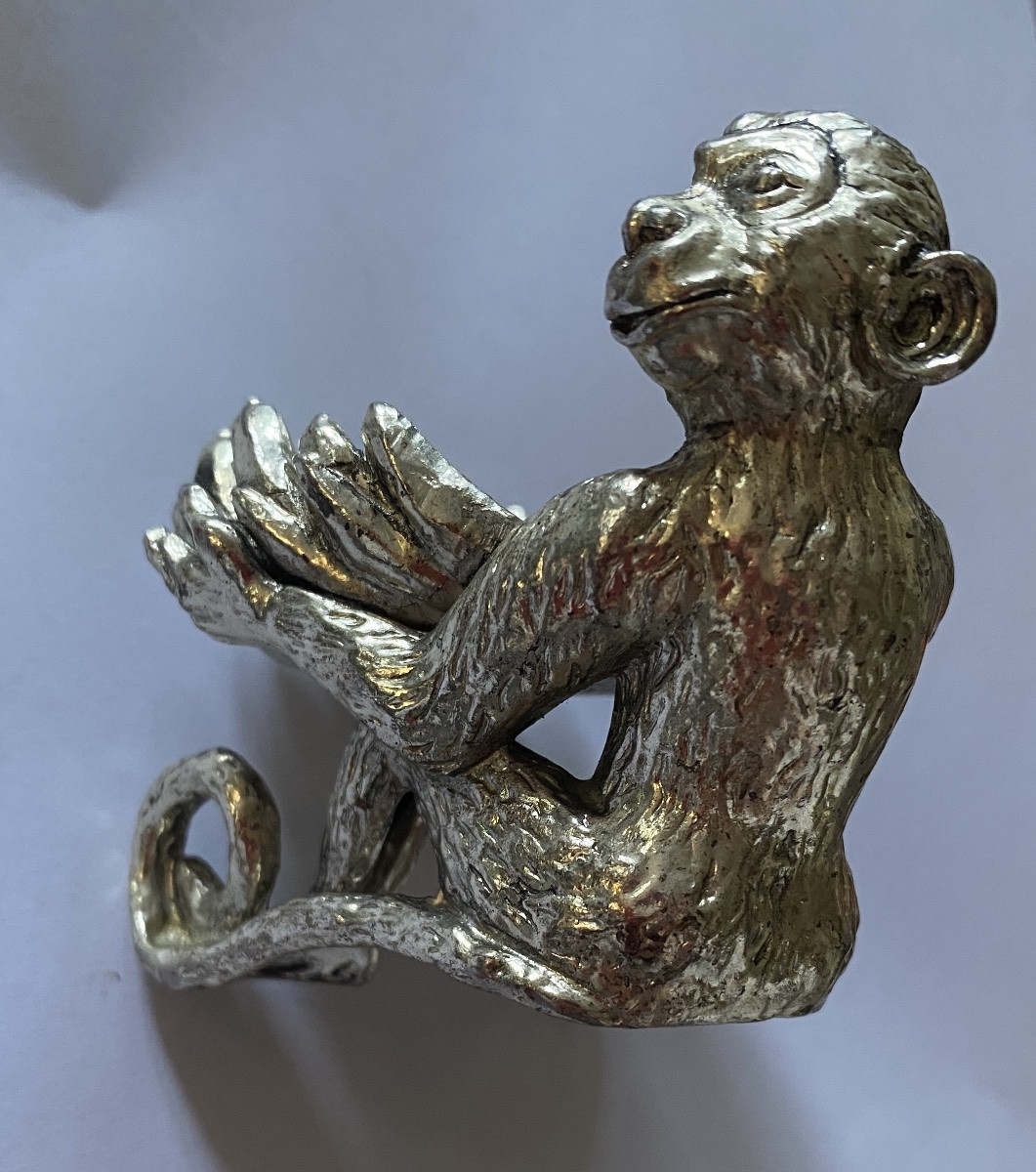 Salt Cellar In Silver Plated Metal. Seated Monkey Holding A Shell.-photo-2