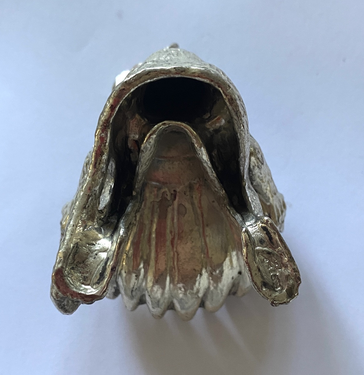 Salt Cellar In Silver Plated Metal. Seated Monkey Holding A Shell.-photo-5