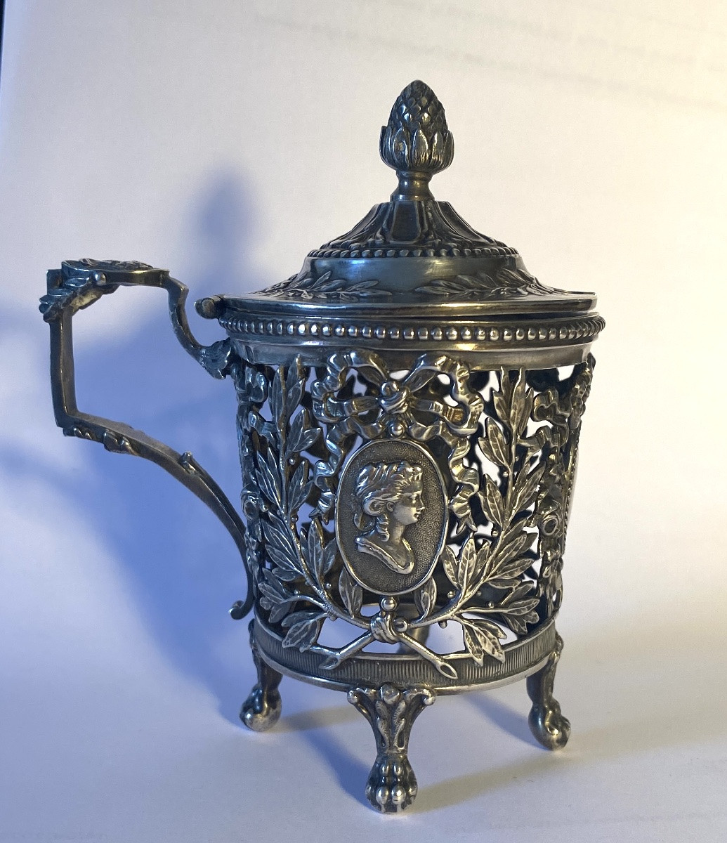 19th Silver Mustard Pot. Louis XVI Style . Medallions, Laurels, Roses And Knotted Ribbon.-photo-2