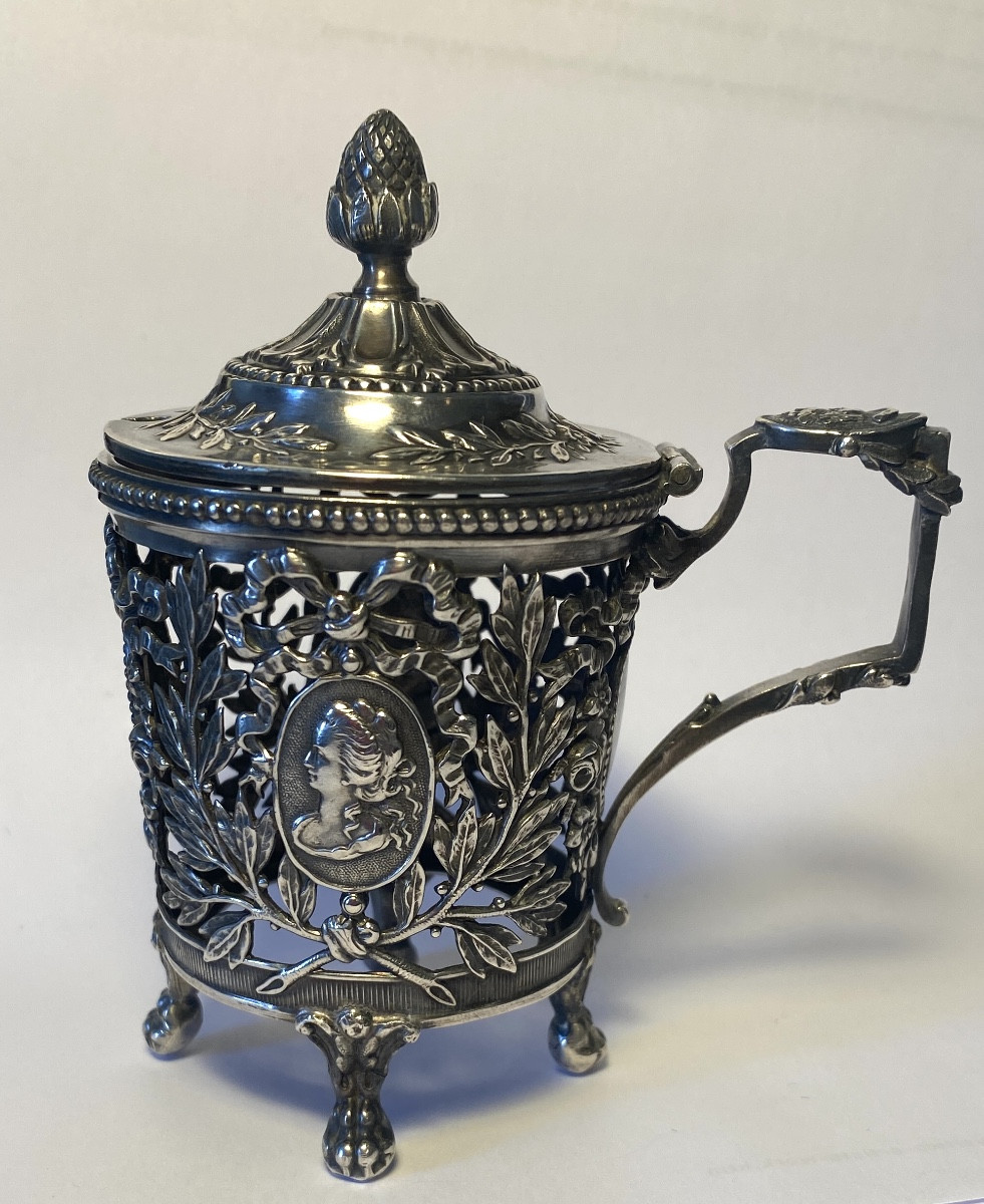 19th Silver Mustard Pot. Louis XVI Style . Medallions, Laurels, Roses And Knotted Ribbon.