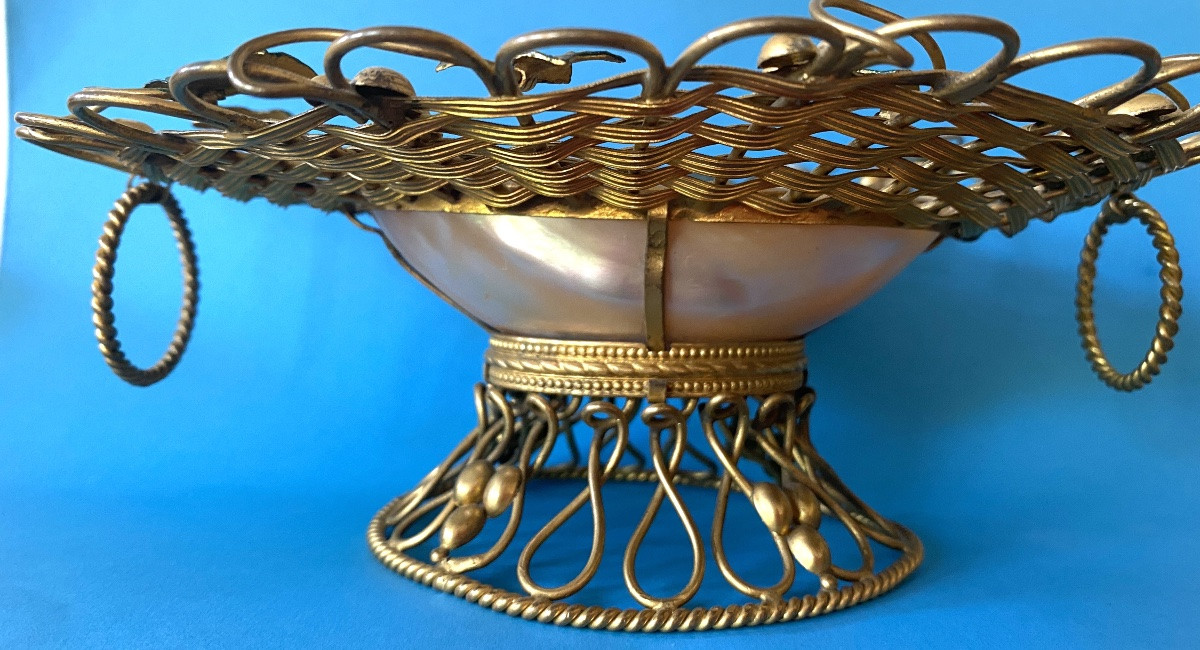 Basket In Gilded And Braided Brass. Empty Pocket, Baguier. XIXth  Century.-photo-3