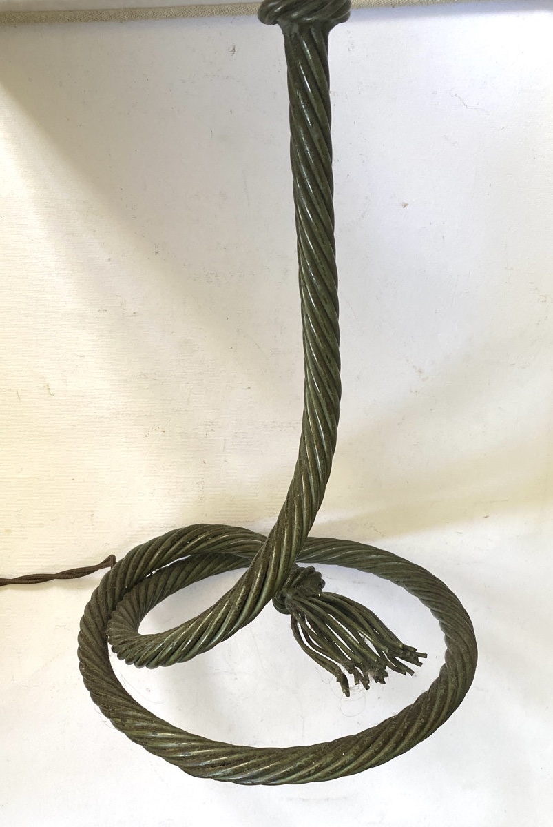 Forged Metal Lamp Base In Trompe-l'oeil Of Knotted Rope. Grey-green Patina.  1980s.-photo-2