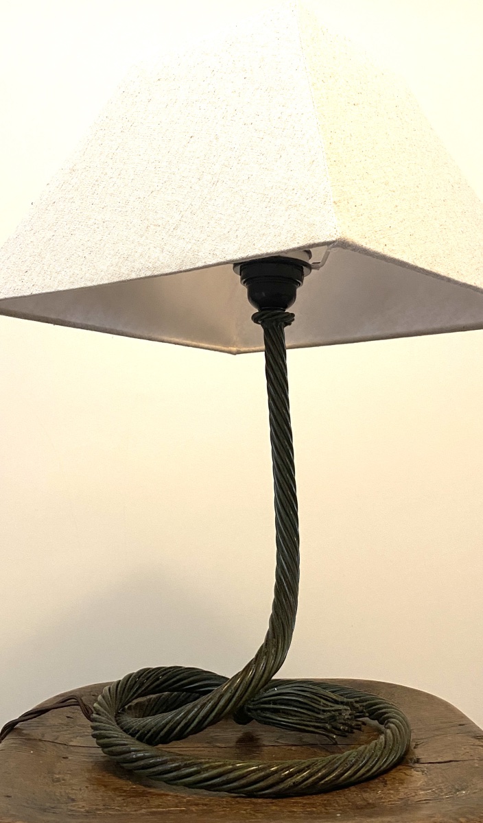 Forged Metal Lamp Base In Trompe-l'oeil Of Knotted Rope. Grey-green Patina.  1980s.-photo-4