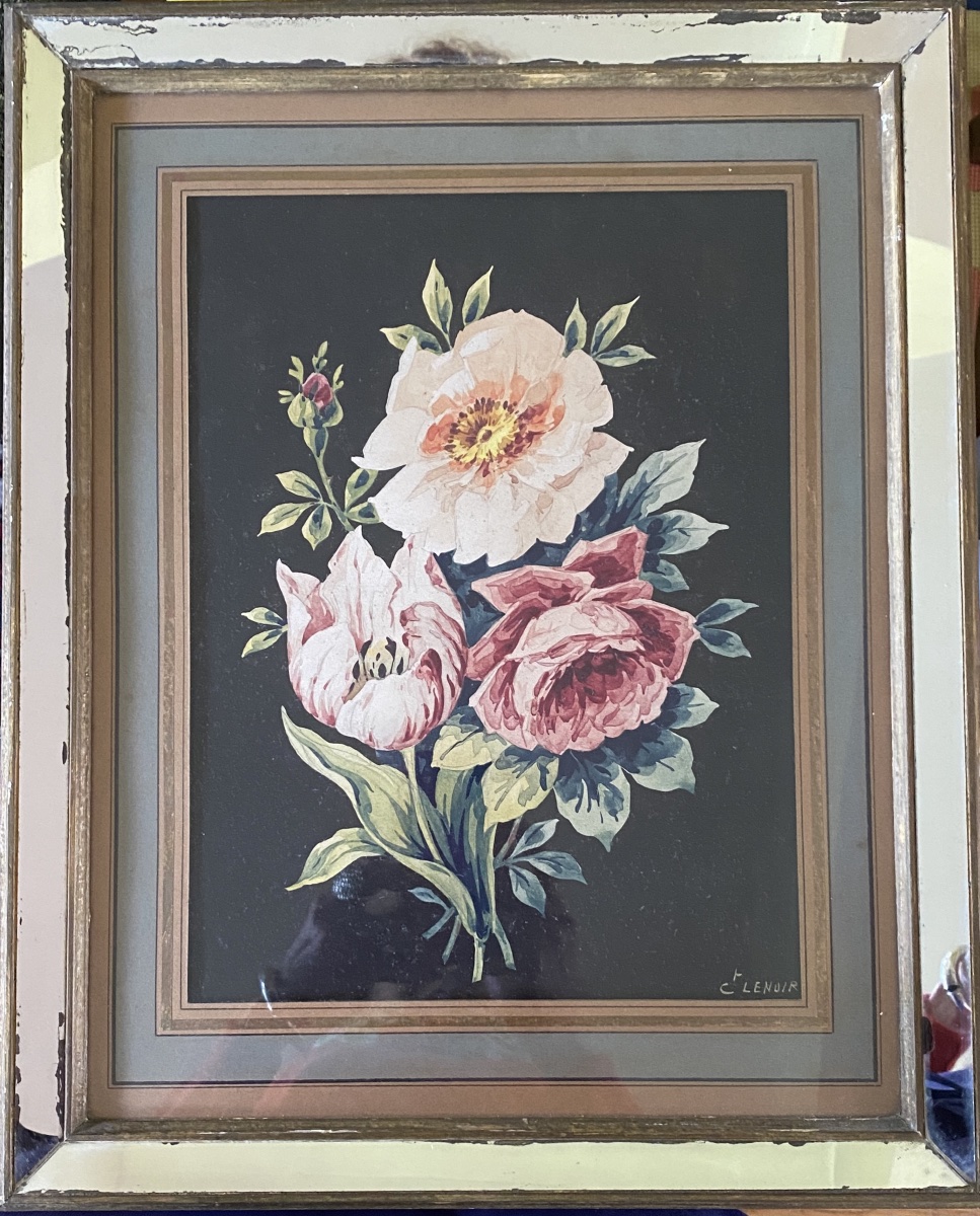C. Lenoir. Bouquet Of Flowers. Mid-twentieth Century Watercolor. Glazed Frame.  -photo-1