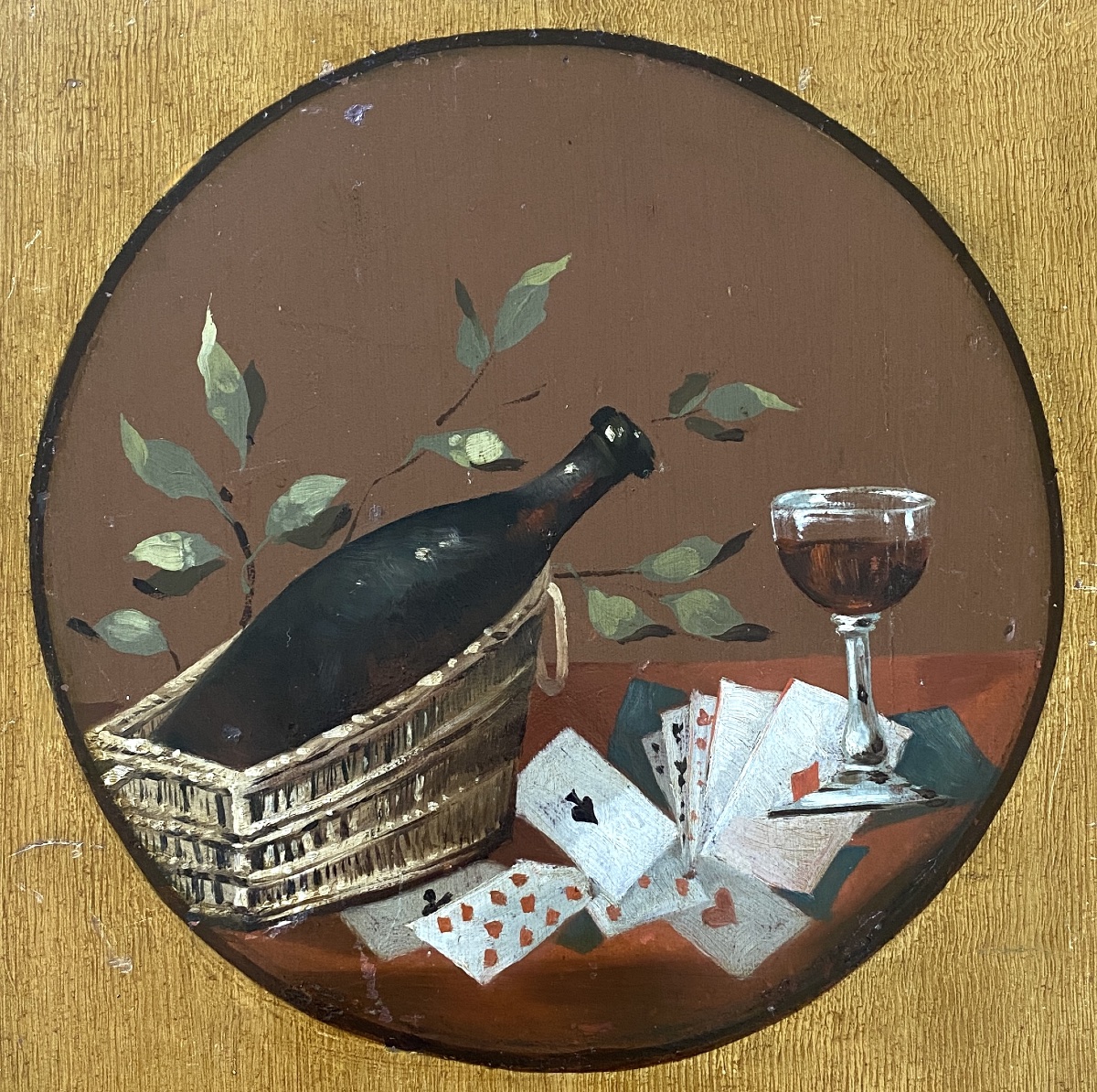 « Nature morte. Le vin et le jeu de cartes ».  Panneau décoratif. Huile sur bois XIXème. -photo-2