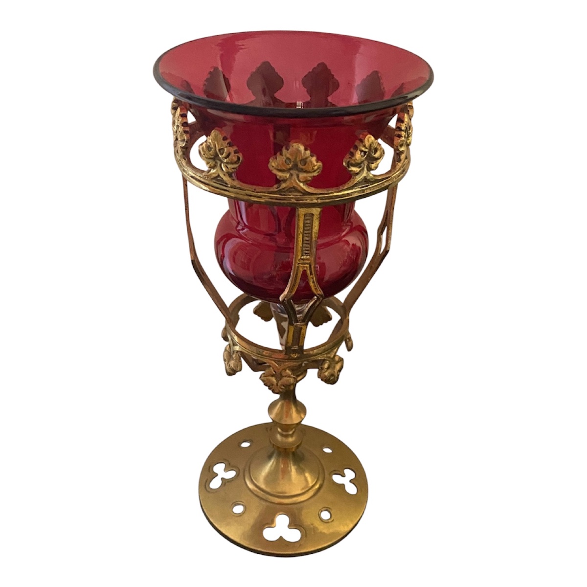 19th Church Light Fixture. Altar Lamp. Candleholder. Gilded Brass. Red Glass Bowl. -photo-2