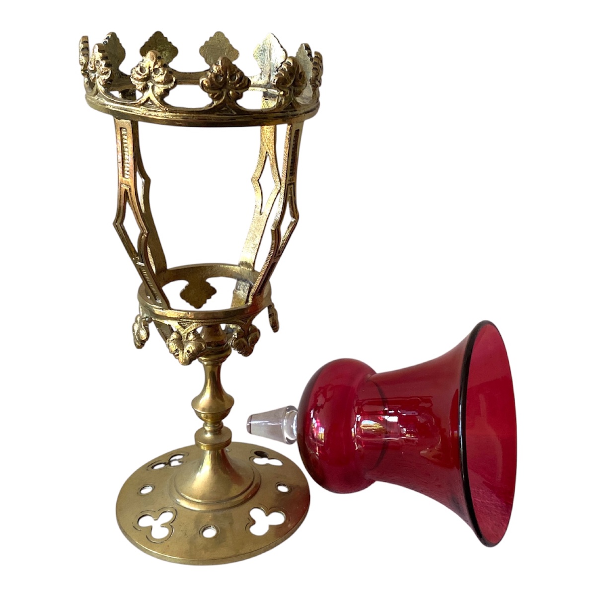 19th Church Light Fixture. Altar Lamp. Candleholder. Gilded Brass. Red Glass Bowl. -photo-3