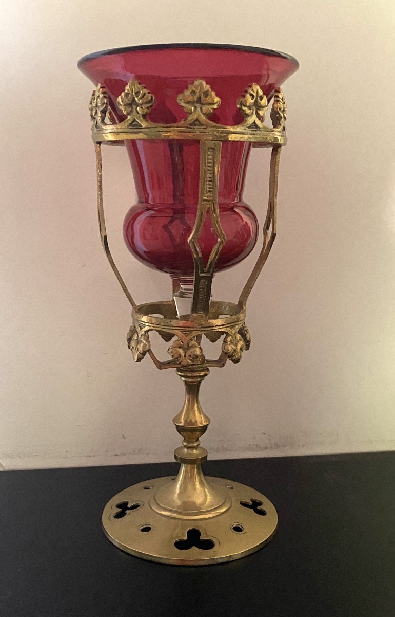 19th Church Light Fixture. Altar Lamp. Candleholder. Gilded Brass. Red Glass Bowl. -photo-4
