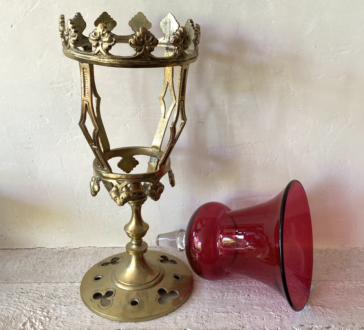 19th Church Light Fixture. Altar Lamp. Candleholder. Gilded Brass. Red Glass Bowl. -photo-1