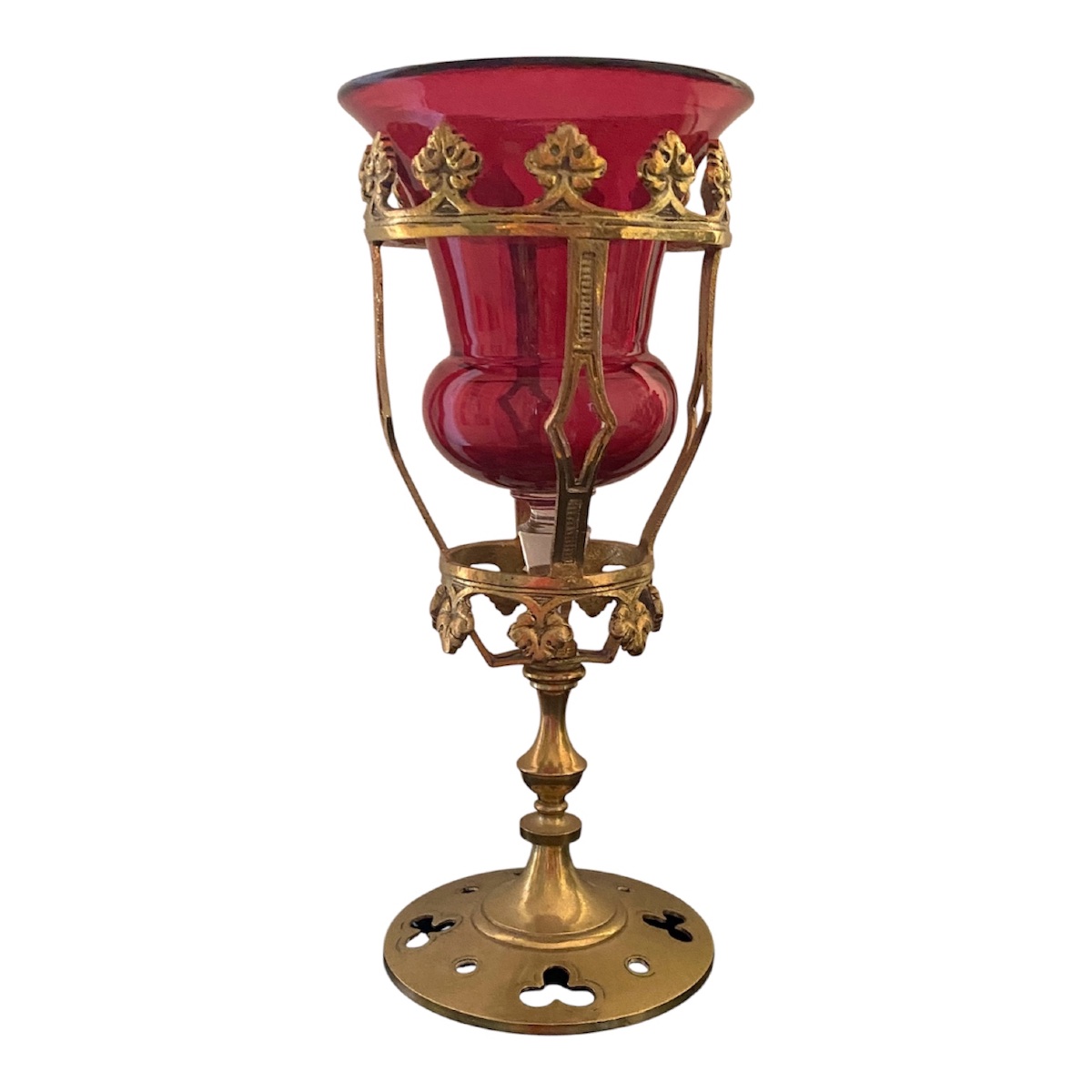 19th Church Light Fixture. Altar Lamp. Candleholder. Gilded Brass. Red Glass Bowl. 