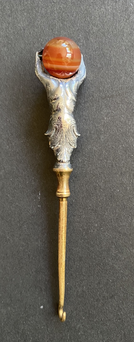 19th Boot Hook. Lace Puller. Brass, Silver-plated Metal Atlas, And Agate Bead. -photo-3